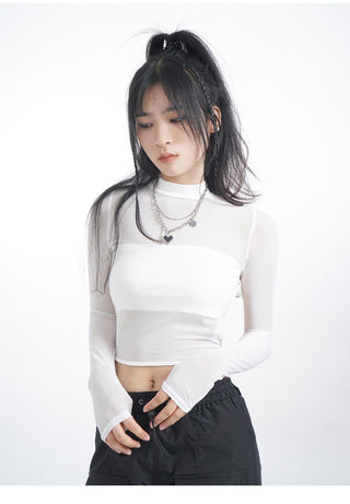 Hollow half-high collar mesh lace top