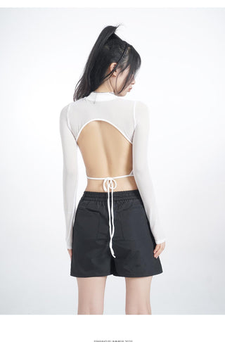 Hollow half-high collar mesh lace top