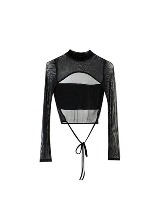 Hollow half-high collar mesh lace top
