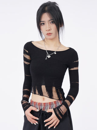Y2K knitted black long-sleeved top