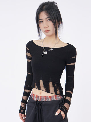 Y2K knitted black long-sleeved top