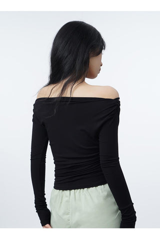 Off-shoulder long sleeve slim T-shirt