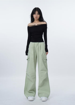 Off-shoulder long sleeve slim T-shirt