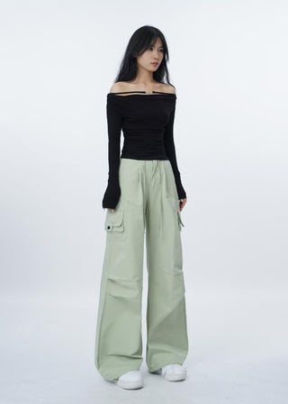 Off-shoulder long sleeve slim T-shirt