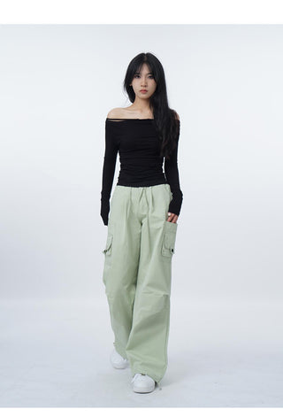 Off-shoulder long sleeve slim T-shirt