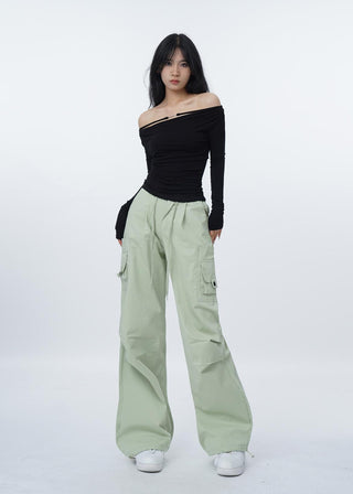 Off-shoulder long sleeve slim T-shirt