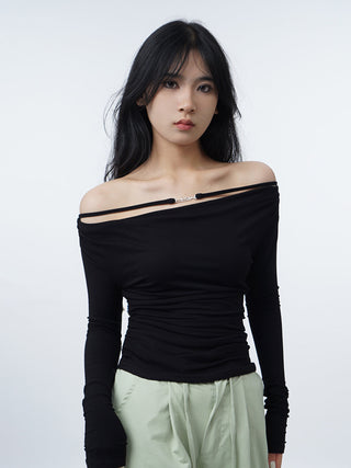 Off-shoulder long sleeve slim T-shirt
