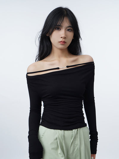 Off-shoulder long sleeve slim T-shirt