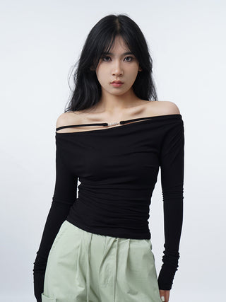 Off-shoulder long sleeve slim T-shirt