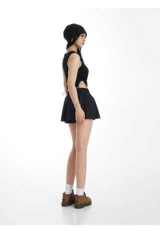 Elastic waist black A-line two-piece skirt pants