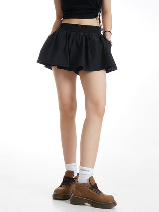 Elastic waist black A-line two-piece skirt pants