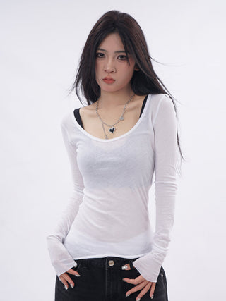 U-neck mesh slim T-shirt