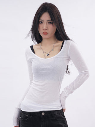 U-neck mesh slim T-shirt