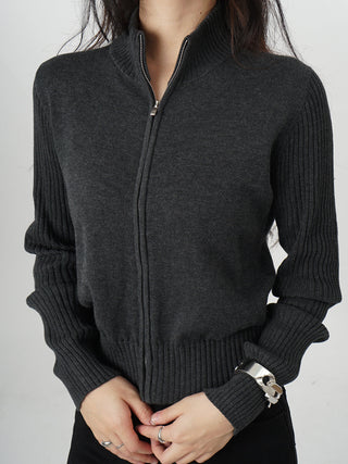 Gray zipper knitted cardigan