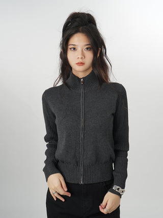 Gray zipper knitted cardigan