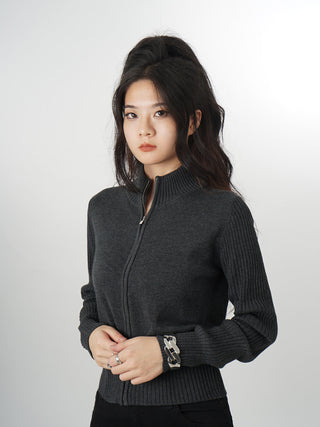 Gray zipper knitted cardigan