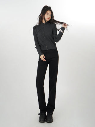 Gray zipper knitted cardigan