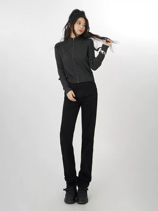 Gray zipper knitted cardigan