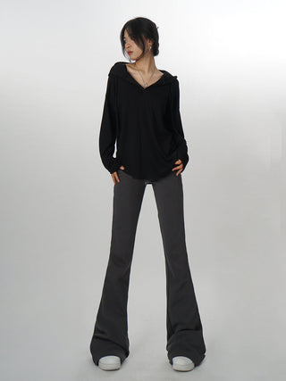 V-neck hooded long-sleeved T-shirt