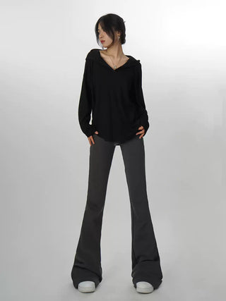 V-neck hooded long-sleeved T-shirt