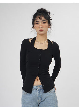 Fake two-piece halter neck long-sleeved  top