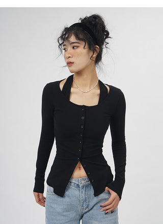 Fake two-piece halter neck long-sleeved  top