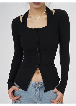 Fake two-piece halter neck long-sleeved  top