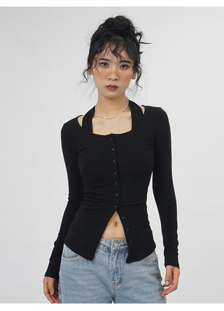 Fake two-piece halter neck long-sleeved  top