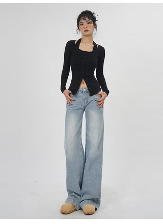 Fake two-piece halter neck long-sleeved  top