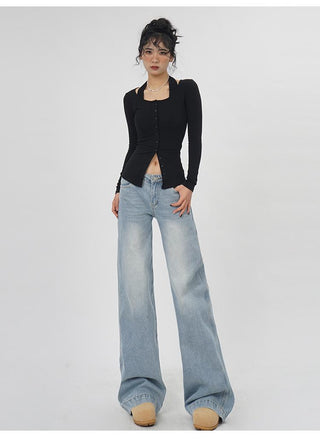 Fake two-piece halter neck long-sleeved  top