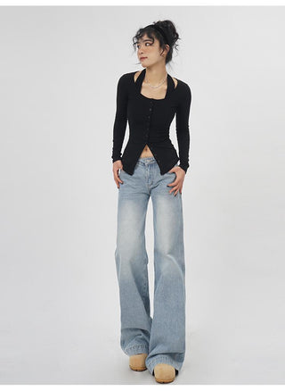 Fake two-piece halter neck long-sleeved  top