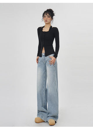 Fake two-piece halter neck long-sleeved  top