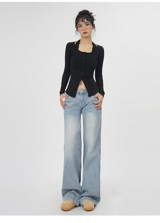 Fake two-piece halter neck long-sleeved  top