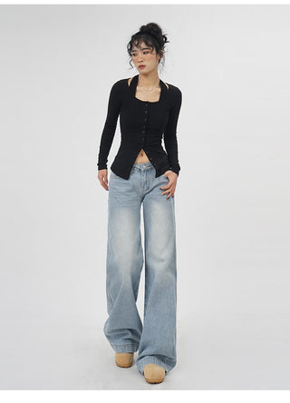 Fake two-piece halter neck long-sleeved  top