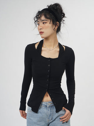 Fake two-piece halter neck long-sleeved  top