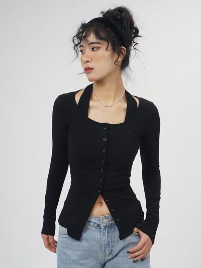Fake two-piece halter neck long-sleeved  top