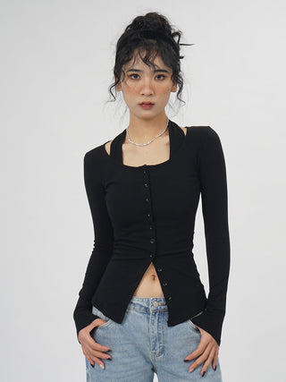 Fake two-piece halter neck long-sleeved  top