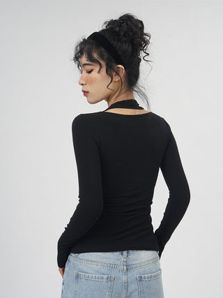 Fake two-piece halter neck long-sleeved  top