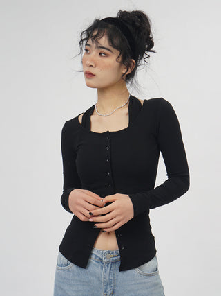 Fake two-piece halter neck long-sleeved  top