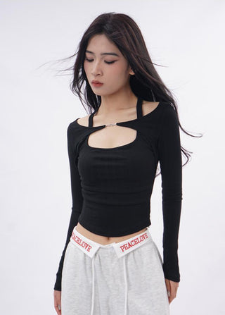 Halter neck long-sleeved fake two-piece top