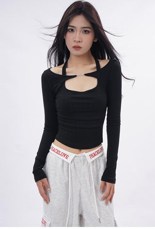 Halter neck long-sleeved fake two-piece top
