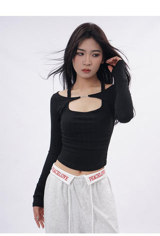 Halter neck long-sleeved fake two-piece top