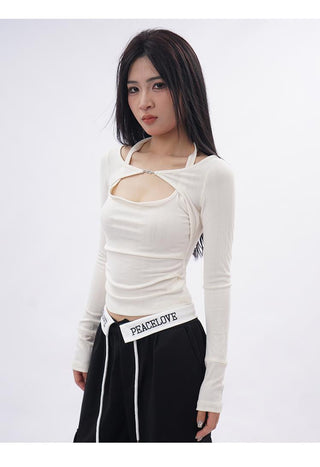 Halter neck long-sleeved fake two-piece top