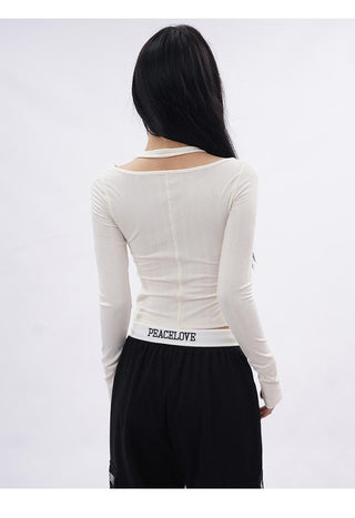 Halter neck long-sleeved fake two-piece top