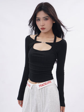 Halter neck long-sleeved fake two-piece top