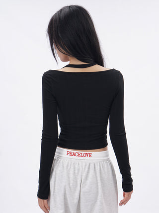 Halter neck long-sleeved fake two-piece top