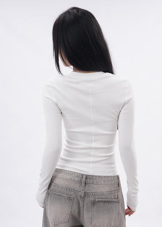 Henley collar long-sleeved slim T-shirt