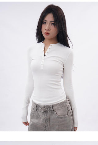 Henley collar long-sleeved slim T-shirt