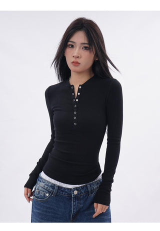 Henley collar long-sleeved slim T-shirt