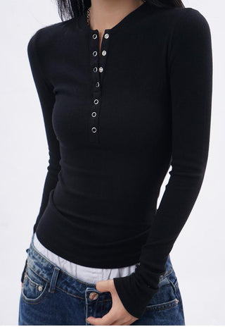 Henley collar long-sleeved slim T-shirt